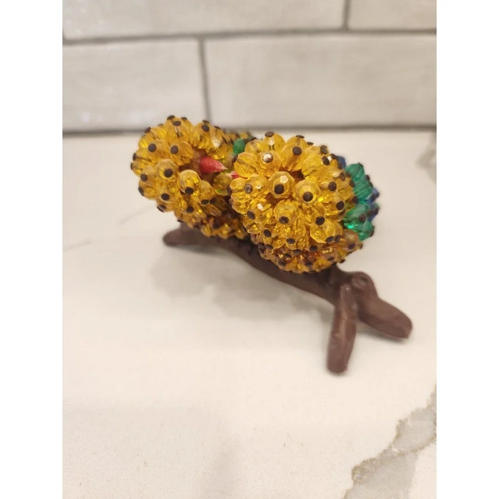 Vintage Pair Of Yellow Green‎ Blue Parrots Birds Sitting On A Plastic Log Perch